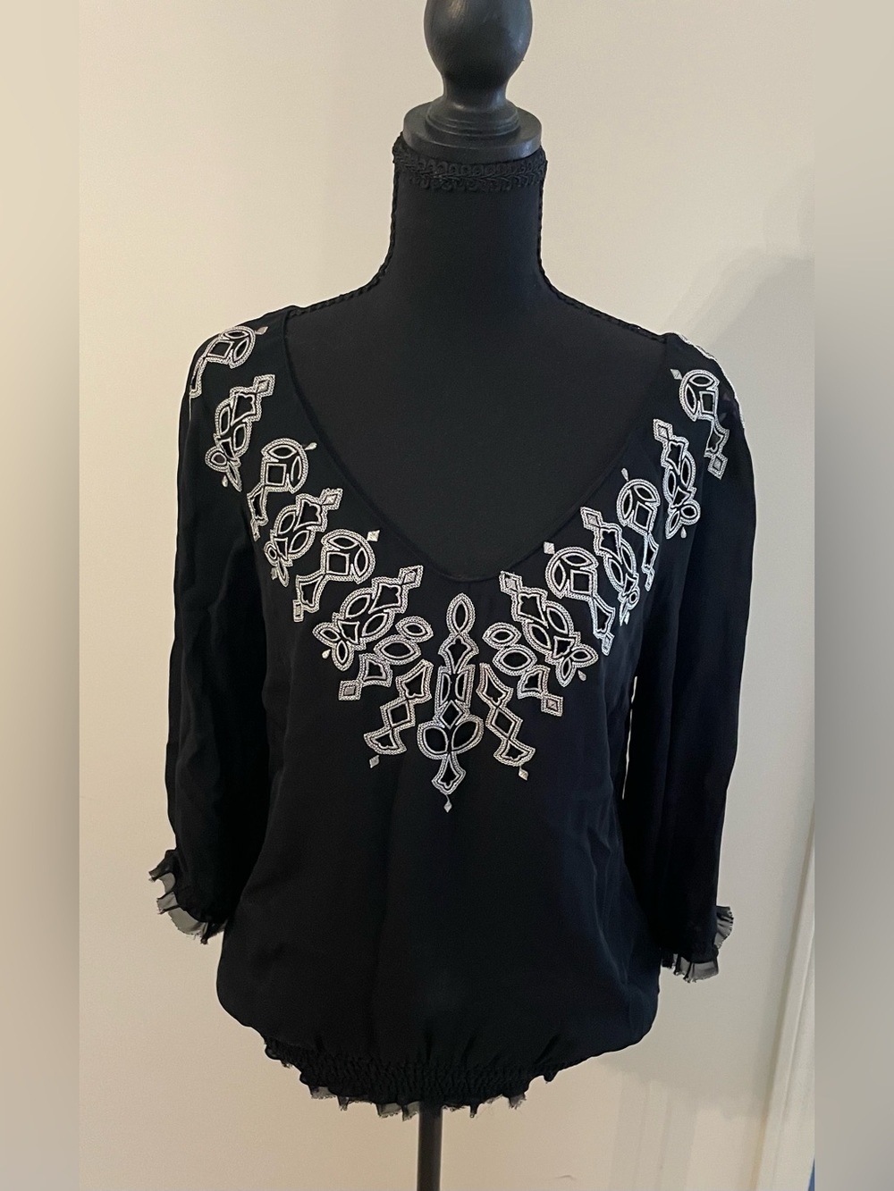 White House Black Market Silk Black Blouse with Embroidery V-Neck Silk Flowy